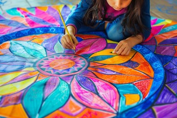 A budding girl artist is lying on the ground, painting a vibrant mandala resembling a Sacred Lotus flower. The colorful petals form a beautiful textile art piece in front of a large window