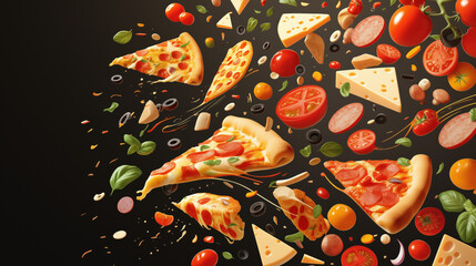 Pieces of pizza and ingredients floating on a dark background.  Appetizing pizza in flight with tomatoes, ham and cheese.