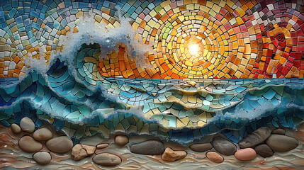 Mosaic of waves and sun in the style of a seascape.