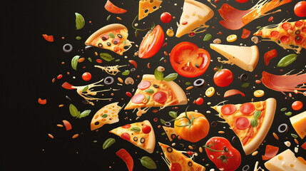 Pizza and its ingredients fly in the air against a dark background.