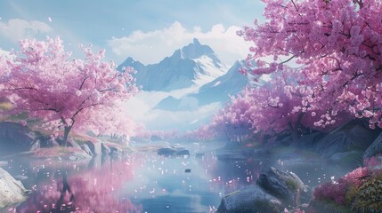Clear day showcasing pink cherry blossom - obrazy, fototapety, plakaty