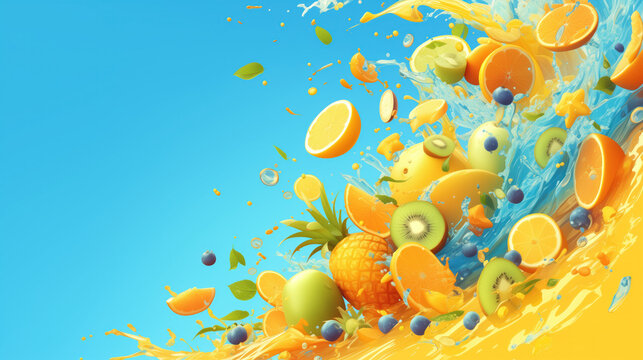 Bright explosion of fresh tropical fruits and juices on a blue background.  Copy space.