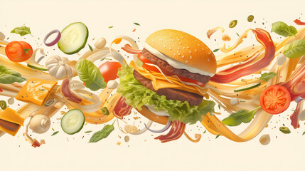 Composition of burger and fresh ingredients in motion.  An assembled hamburger surrounded by a vegetable explosion.