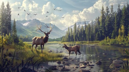 Fototapeta premium Two Deer by Stream Painting