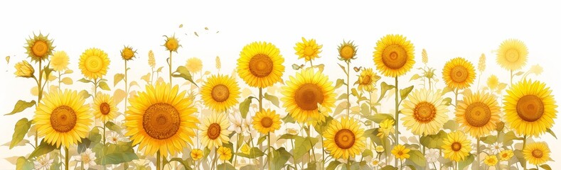 A row of sunflowers white background