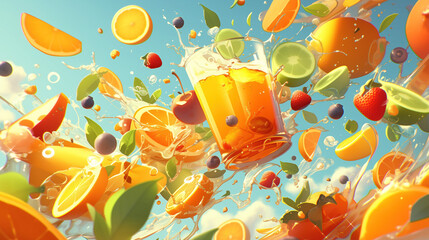 Citrus fruits and drink with water splash.  A refreshing composition of orange juice and citrus fruits.  Explosion of citrus fruits, orange juice, glass of juice on a blue background