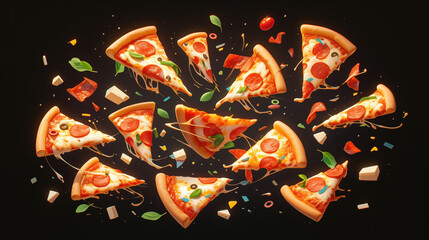 Pieces of pizza with ingredients floating in the air on a black background.