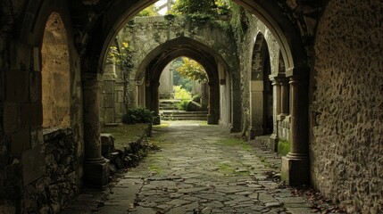 A tranquil pathway leading to a secluded sleeping chamber hidden within the monasterys quiet halls. 2d flat cartoon.