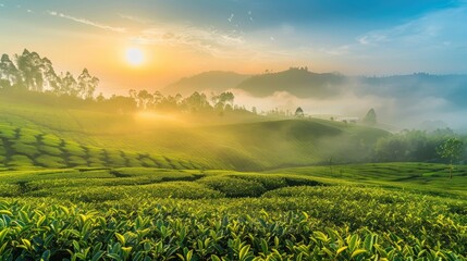 Stunning scenery of a tea plantation during sunrise and sunset with a natural backdrop of blue skies and mist - Powered by Adobe