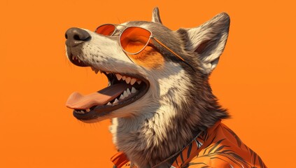 A stylishly dressed dog in sunglasses and colorful against an orange background,
