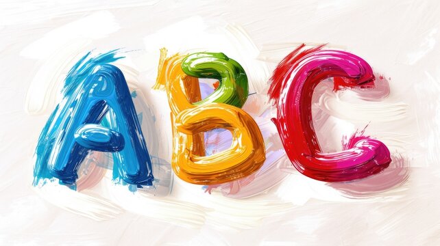 Bright and educational letter A, B, C poster for children, each letter distinctively painted with colorful, playful brushstrokes on a simple background,