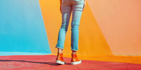 Female legs in trendy jeans on colored background with copy space. Denim clothing store banner template.