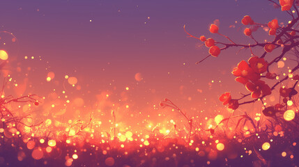Tree branches with leaves, in red shades, illuminated by bright sparkles at sunset with a bokeh effect.