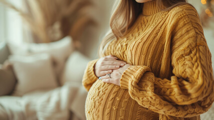 A woman expecting a child, hugging her stomach with her hands.  A soft image of an expectant mother in a winter sweater.