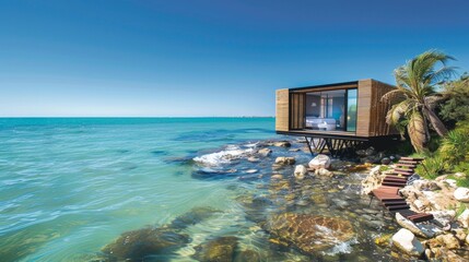 Fototapeta premium Cradled by the gentle lapping of the waves the suspended bungalow offers the perfect refuge for an idyllic slumber. 2d flat cartoon.