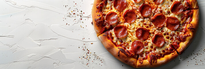 Banner with classic pizza with cheese and pepperoni on a light background.