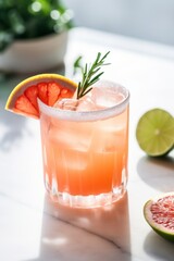 A grapefruit cocktail is shown, garnished with a sprig of rosemary. The drink is a paloma cocktail made with tequila and grapefruit juice, topped with a fragrant rosemary sprig