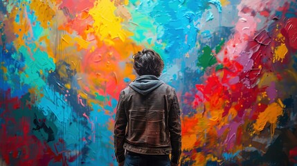 A vibrant image of a mural artist at work, the colorful and expansive mural in progress behind...
