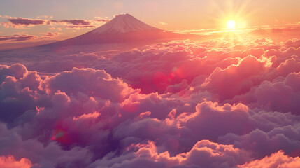 Sun setting behind mountain amidst clouds in natural landscape at dusk - obrazy, fototapety, plakaty