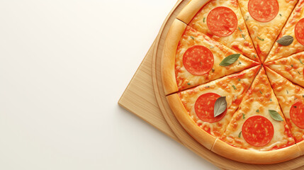 Pepperoni pizza decorated with basil leaves on a wooden base on a light background.