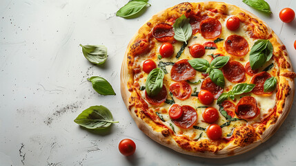 Appetizing pizza with pepperoni, basil and fresh tomatoes on a light background.