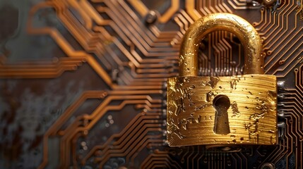 Securing Data: Golden Lock on Circuitry. Concept Data Security, Encryption Technology, Cyber Security Measures, Information Protection, Secure Networks