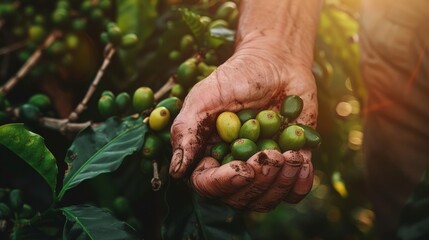 Farmer hand holding arabica coffee beans