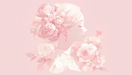 A paper cut silhouette of a woman's head with flowers in pastel colors against a pink background