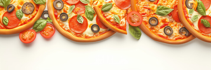 Banner of pizza decorated with tomatoes, olives and basil on a light background.