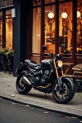 A modern motorcycle parked along the sidewalk of a bustling street, outside a stylish café. The vehicle stands out against the urban backdrop, waiting for its rider to return