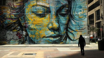 A lone figure walks down a quiet street back turned to the camera. In the background a mural of a womans face with closed eyes . .