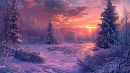 Frozen winter forest landscape at sunset