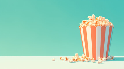 Striped box of popcorn on a blue background with scattered grains.