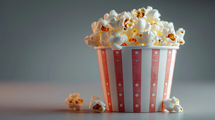 A red and white popcorn can with popcorn pouring out of it.  Can of popcorn on a gray background.