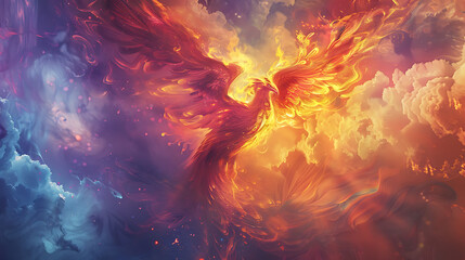 The central figure is a majestic phoenix, a legendary bird associated with rebirth and immortality. Its wings are outstretched, displaying intricate feather patterns.