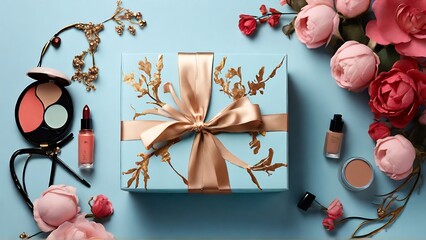 Blue Bliss: Makeup Cosmetics and Gift Box Creating a Serene Atmosphere