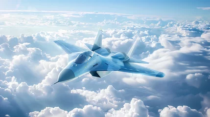 Foto op Plexiglas  The main subject is a fighter jet painted in a light blue color, blending seamlessly with the sky. © DigitaArt.Creative