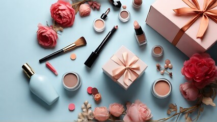 Obraz na płótnie Canvas Sapphire Splendor: Makeup Cosmetics and Gift Box Enhancing Blue Background