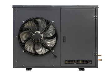 Gray outdoor industrial air conditioner unit compressor isolated on a transparent background