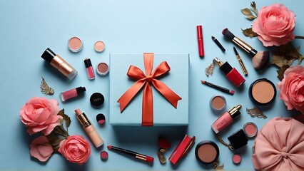 Obraz na płótnie Canvas Azure Allure: Makeup Cosmetics and Gift Box Set on Blue Background