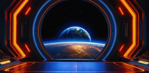 A view of the Earth from the porthole of the spaceship, where instead of clouds the gala