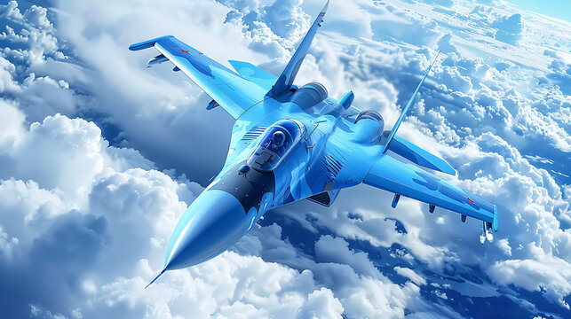  The main subject is a fighter jet painted in a light blue color, blending seamlessly with the sky.