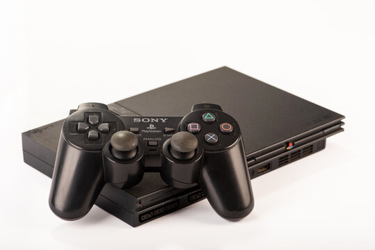 Araras, S&atilde;o Paulo, Brazil. April 17, 2024. Play station 2, photos of a play station 2 with signs of use and dust, on a white background, selective focus.