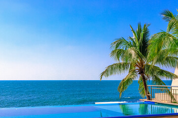 View of the outdoor pool by the sea. There is a lush palm tree next to the pool. Sanya, China.