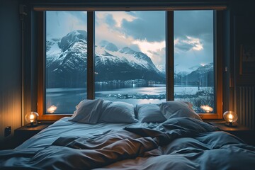 Hotel bedroom with view of snowy mountains at dusk. Sleep tourism trend. Healthy living concept. Travel and adventure. Health and wellness. Design for banner, poster