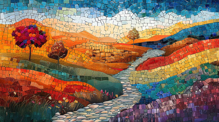 Colorful mosaic depicting trees and roads in landscape style