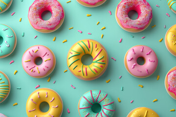 assorted frosted donuts arranged in a pattern on a mint green background - obrazy, fototapety, plakaty