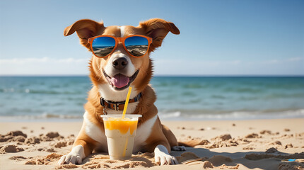 A happy dog wearing orange sunglasses lies on a sandy beach with a refreshing drink in front of it,...