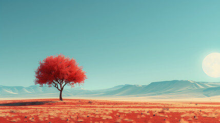 A single red tree against a background of blue sky and sand dunes.