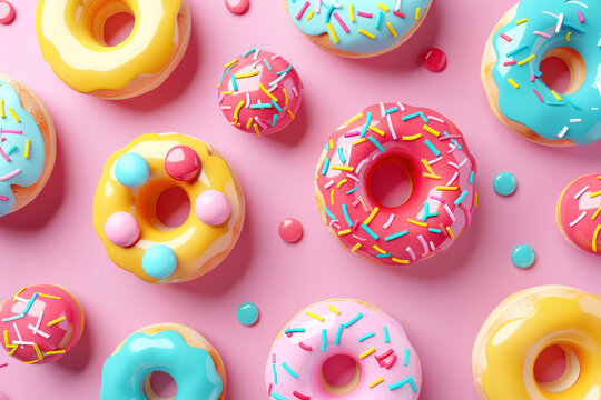 decorative donuts with candy toppings on a playful pink background